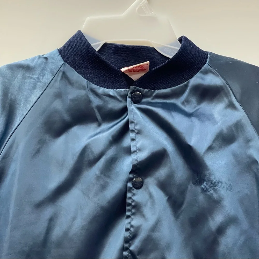Vintage Cardinal Made In The USA Blue Satin Snap Front Bomber Jacket XL